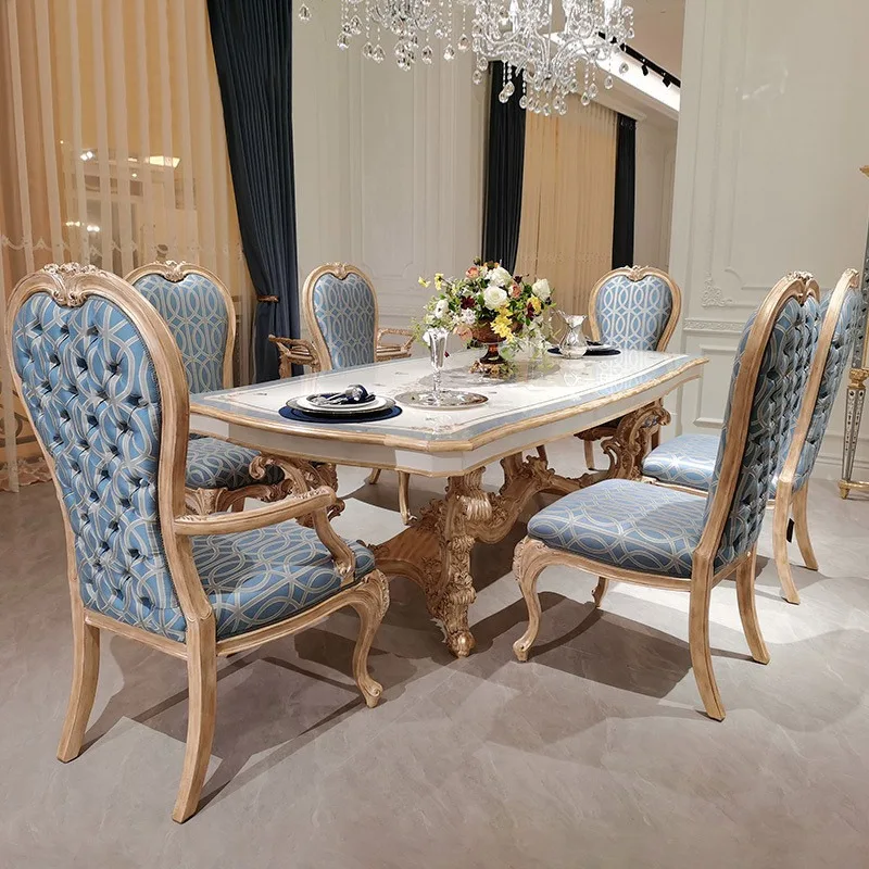 Royal Classic Luxury Round Solid Wood Marble Top Dining Table and Chair Set for Home Furniture in Apartment/Villa view 2
