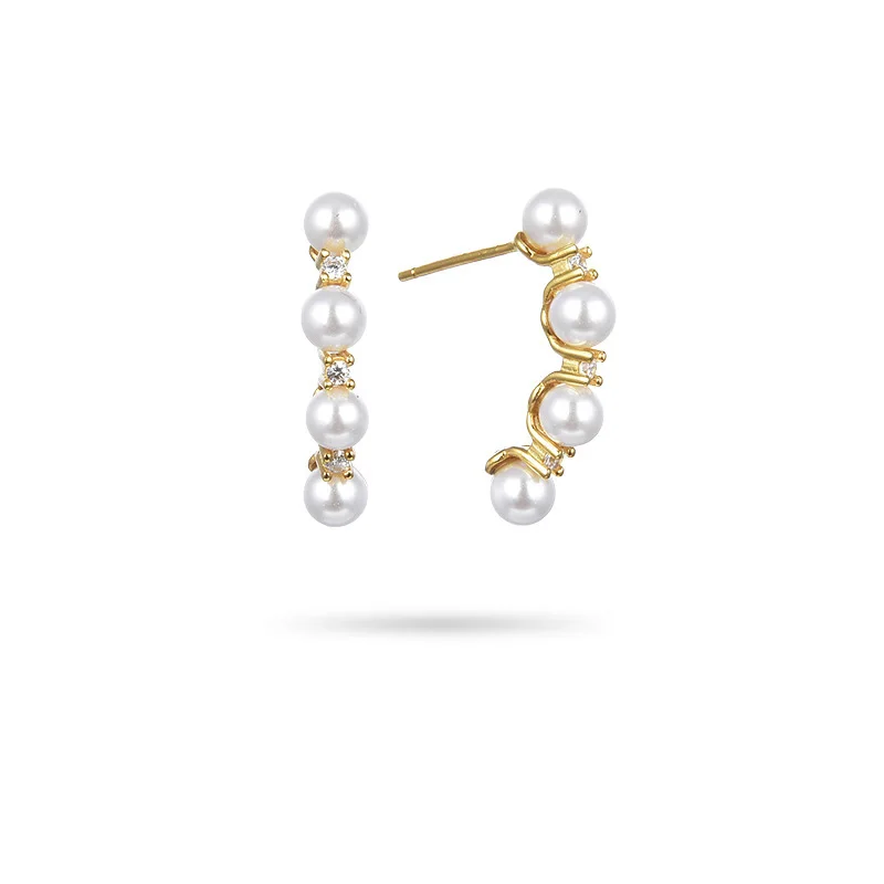 

Authentic 925 Sterling Silver Earring Gold Color Four Interval Pearl Stud Earring For Women Girl Wedding Party Jewelry Gift