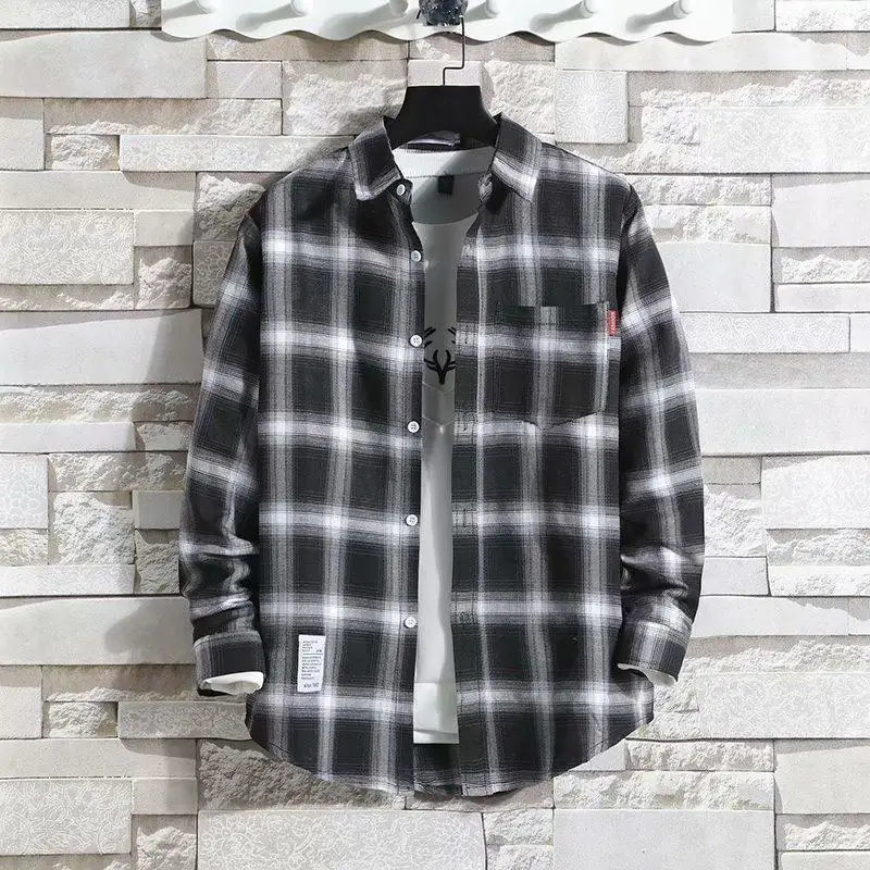 Plaid Male Top with Pocket Long Sleeve Men\'s Shirt and Blouse Designer Slim Fit Casual Cheap Brand Button Fashion 2024 I Clothes