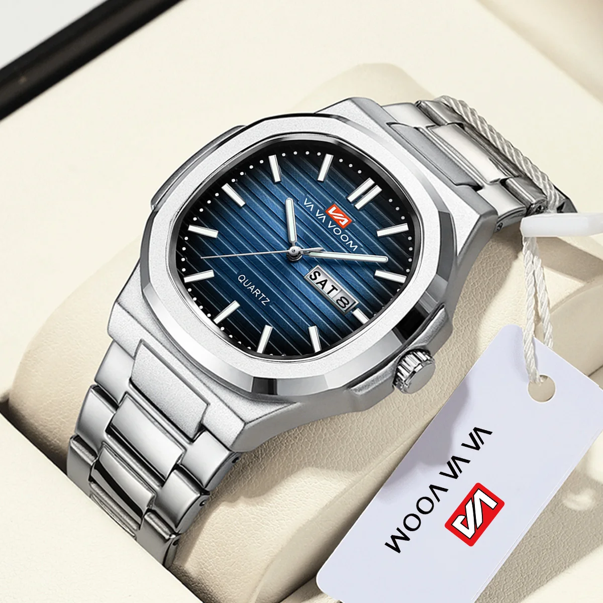 

Top Brand Men Watch Fashion Stainless Steel Strap 43.5mm Elliptical Double Calendar Simulated Quartz Movement 3Bar Watch for Men