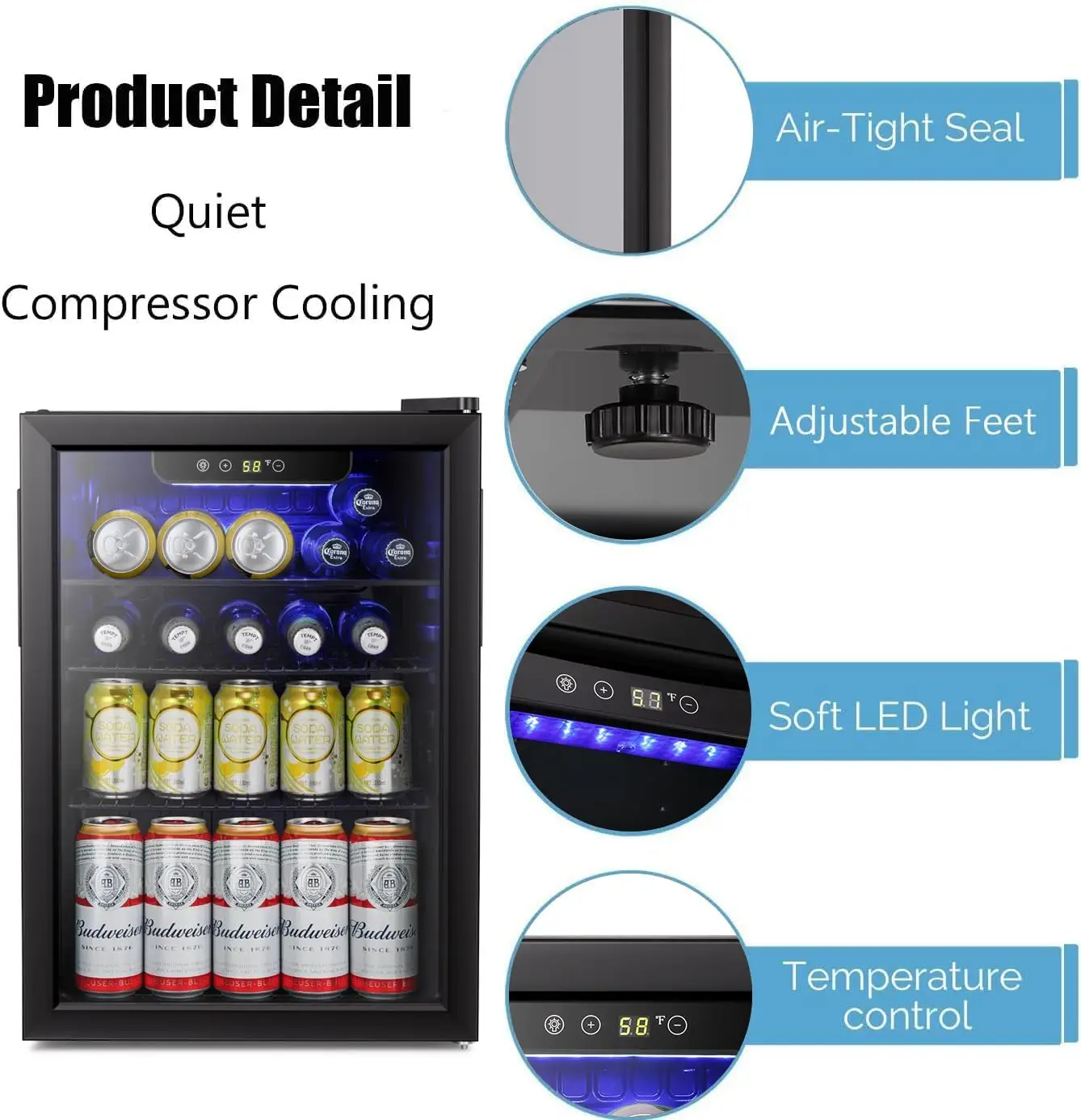 Beverage Refrigerator Cooler-85 Can Mini Fridge Glass Door for Soda Beer Wine Stainless Steel Glass Door Small