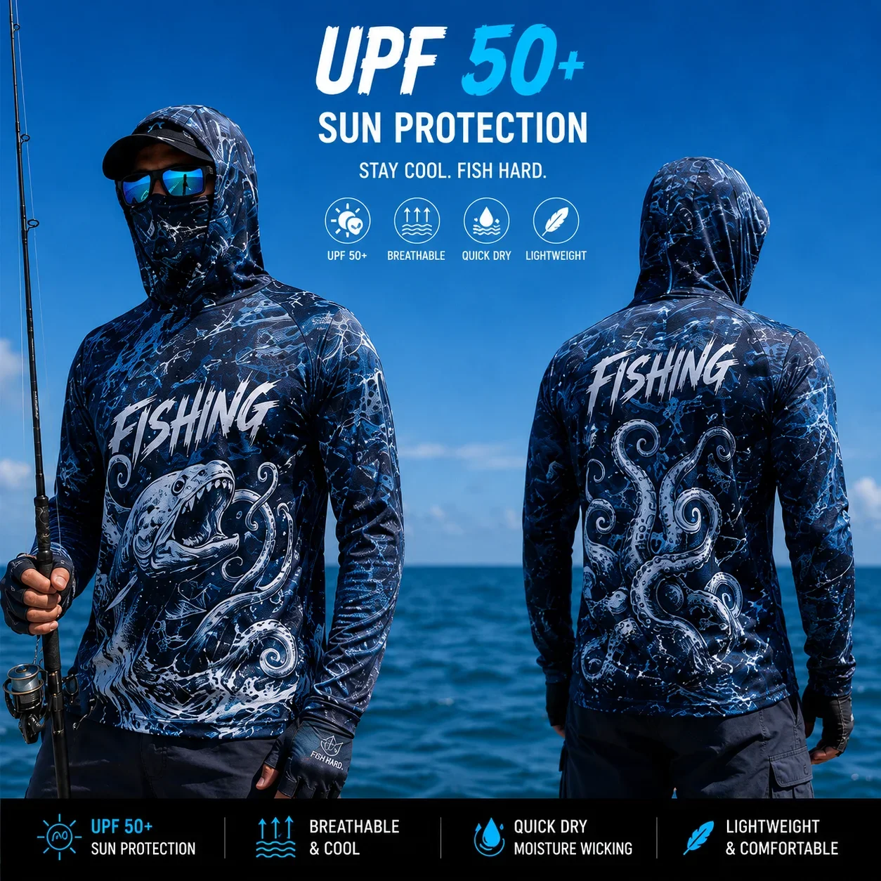 Herren-Angelhoodie mit UPF50+ Sonnenschutz, Maskenmuster, langärmelig, schnelltrocknend, atmungsaktiv, leicht, für das Angeln auf hoher See. – Detail 8