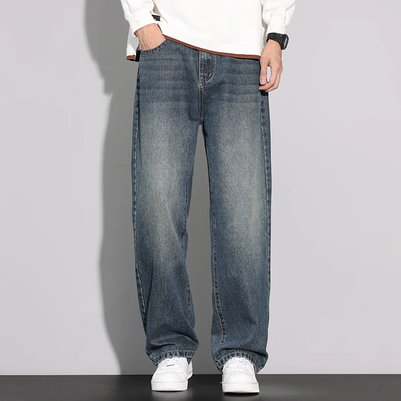 Retro Loose Straight Leg Men's Jeans Casual American Style Spring Autumn Winter Long Trousers Comfortable Cotton Denim for Teens