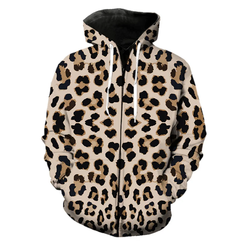 3d Print Leopard Zipper Hoodie For Men Fashion Harajuku Animal Fur Texture Long Sleeve Hoodies Streetwear Hip Hop Sweatshirts