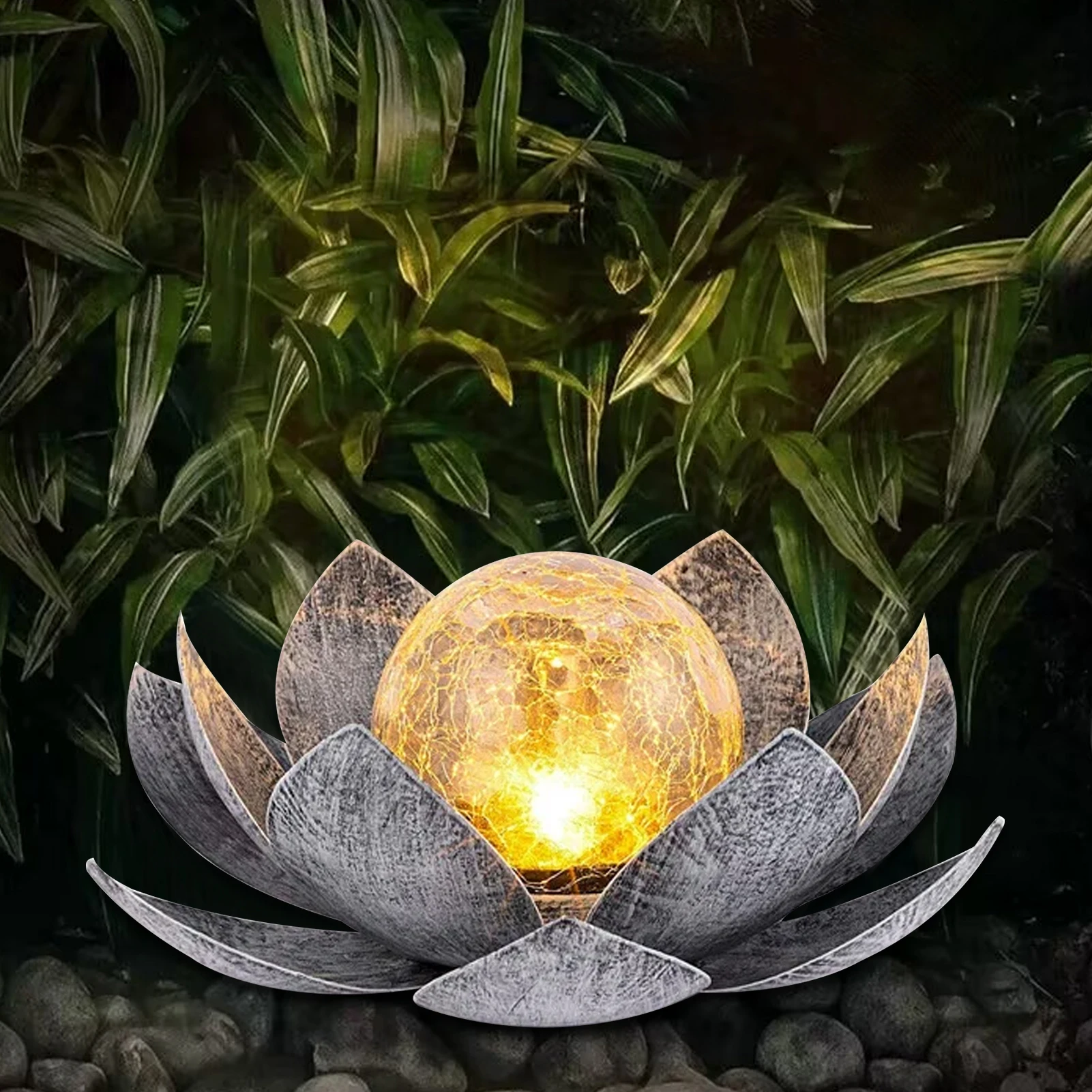 

Solar Lights Outdoor Garden, Crackle Globe Glass Lotus Decoration, Waterproof LED Metal Flower Lights for Patio,Lawn,Walkway