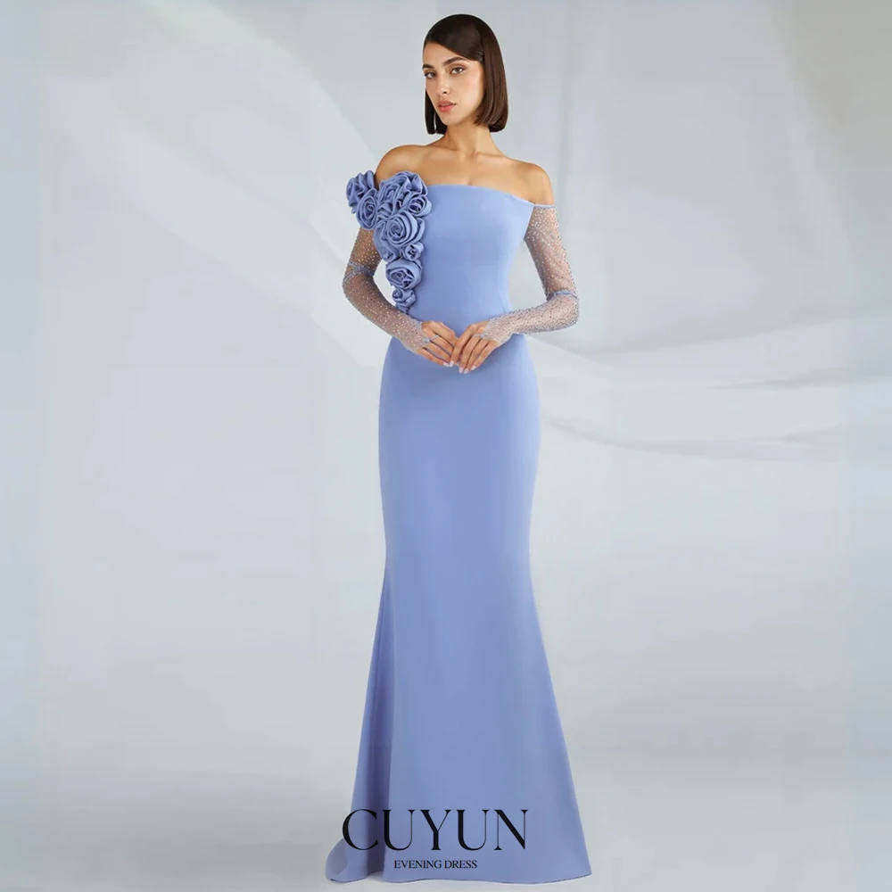 فساتين سهرة أنيقة للنساء من CUYUN باللون الأزرق حورية البحر فستان رسمي مخصص مطرز بالخرز وأكمام مصنوعة يدويًا فساتين الحفلات 2025