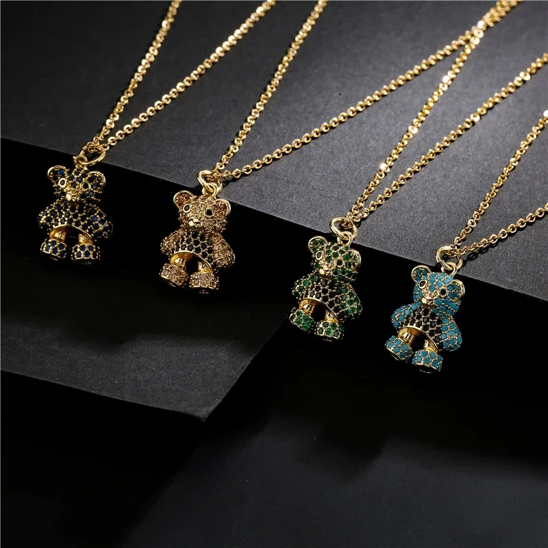 

Micro Zircon Bear Pendant Gold Color Necklace Stainless Steel Colorful Cute Cartoon Copper Chain Jewelry for Girl Woman