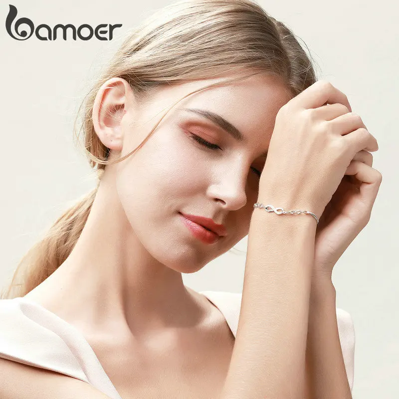 Bamoer Authentic 925 Sterling Silver Infinity Love Chain Link Adjustable Zircon Bracelet for Women Luxury Silver Jewelry SCB037