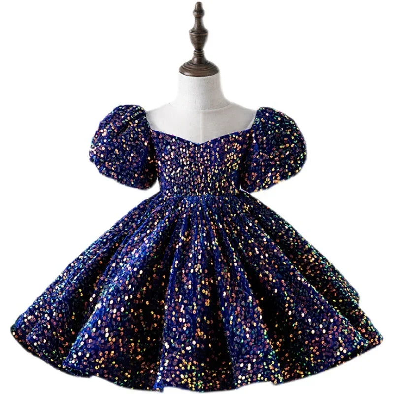 Vestido de lantejoula Puffy para meninas, vestido de baile branco, elegante vestido de noite, batismo infantil, primeiro aniversário