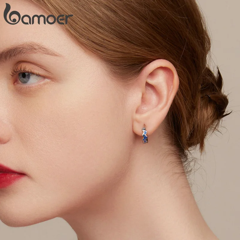 Bamoer 925 Sterling Silver Van Gogh\'s Starry Sky Ear Buckles Blue Enamel Hoop Earrings for Women Birthday Gift Fine Jewelry