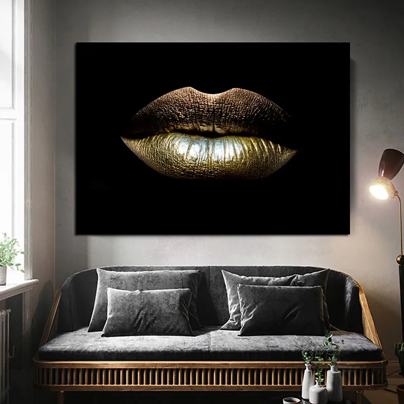 Canvas Painting Nordic Prints Gold Lips Gradient Sexy Home Decor Posters Wall Artwork Modern Bedroom Framework Modular Pictures