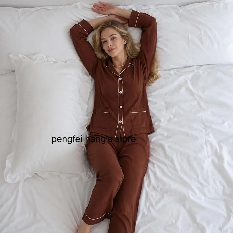 Spring Autumn New Women Lapel Pajama Two Piece Set Long Sleeve Top & Long Pants Simple Comfortable Casual Home Loungewear