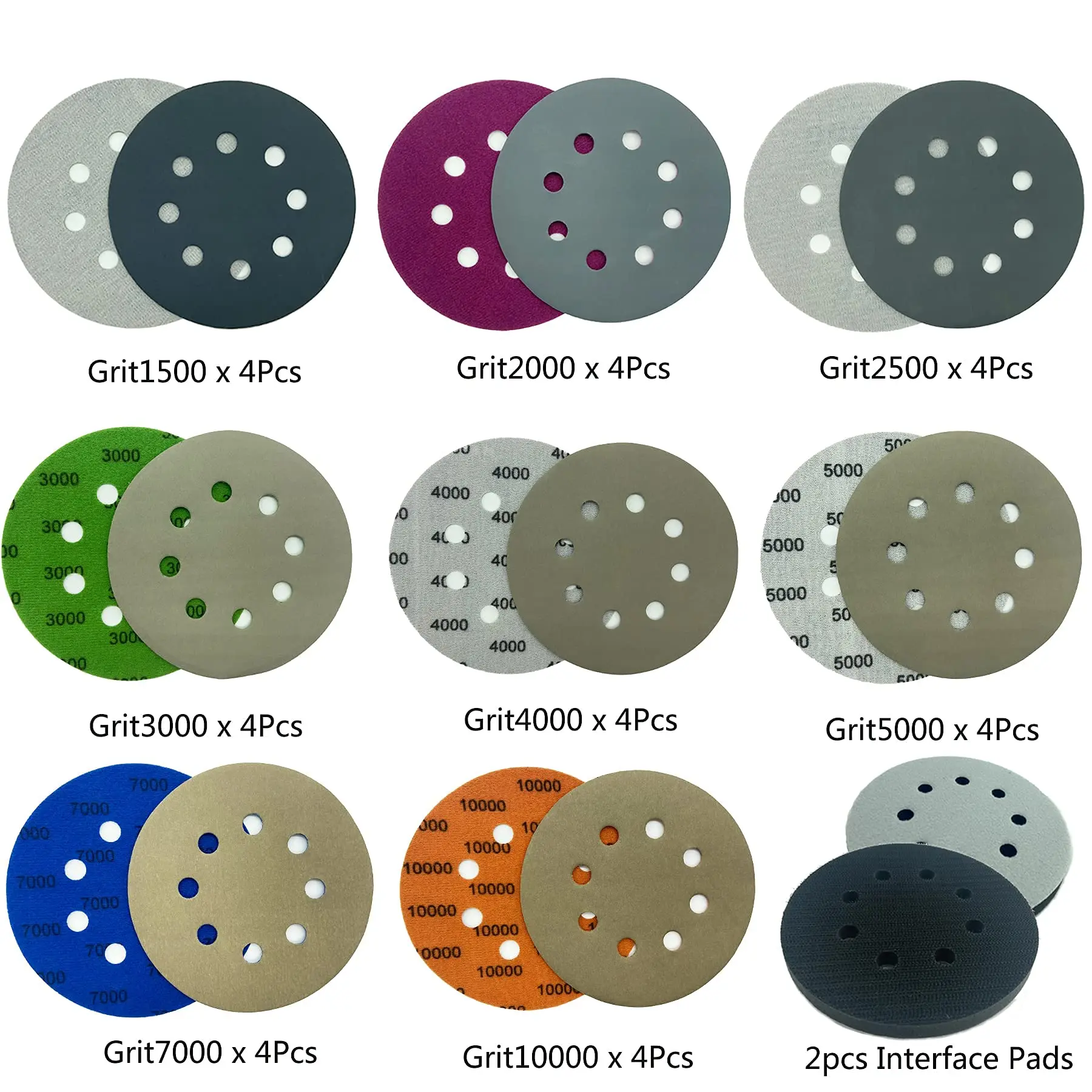 32pcs Sandpaper 5Inch 8Hole Hook&Loop Wet Dry Sand Discs with 2pcs Interface Pads for Orbital Sander Automotive Metal Polishing