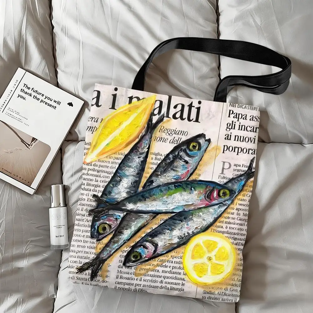 Bolsas de almacenamiento de langosta y sardina coloridas, bolso de mano de lona con estampado de doble cara, bolso de compras de moda de hombro de gran capacidad