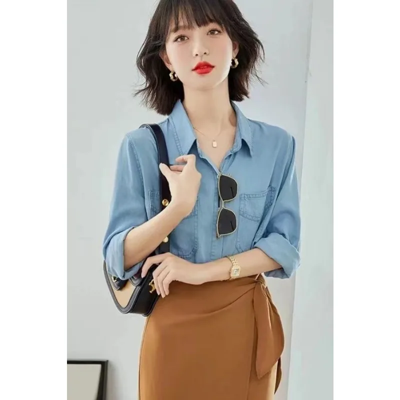 Women Retro Denim Lapel Collar Long Sleeve Soft Thin Casual Commute Daily Layering Shirt Top