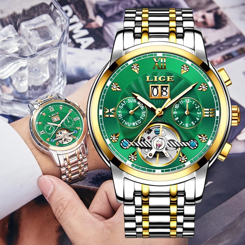 LIGE Green Fashion Mechanica Mens Watches Top Brand Luxury Tourbillon Waterproof Sport Automatic Mechanica Watches For Men+Box