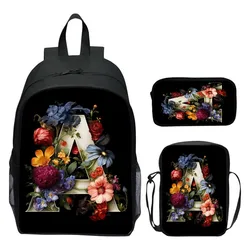 3 pz/set Vibrant Floral Alphabet Print Kids Backpack Ensemble, ideale per borse da scuola per ragazze e ragazzi e avventure in borsa per libri