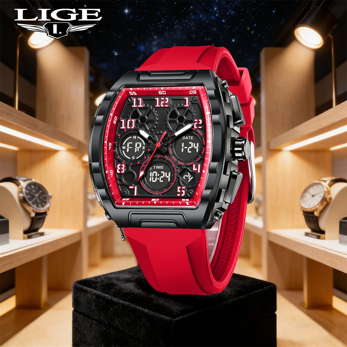 

Мужские спортивные часы FOXBOX Sports Luxury, силиконовый ремешок, квадратный корпус, хронограф, водонепроницаемые, светящиеся в темноте, кварцевые.