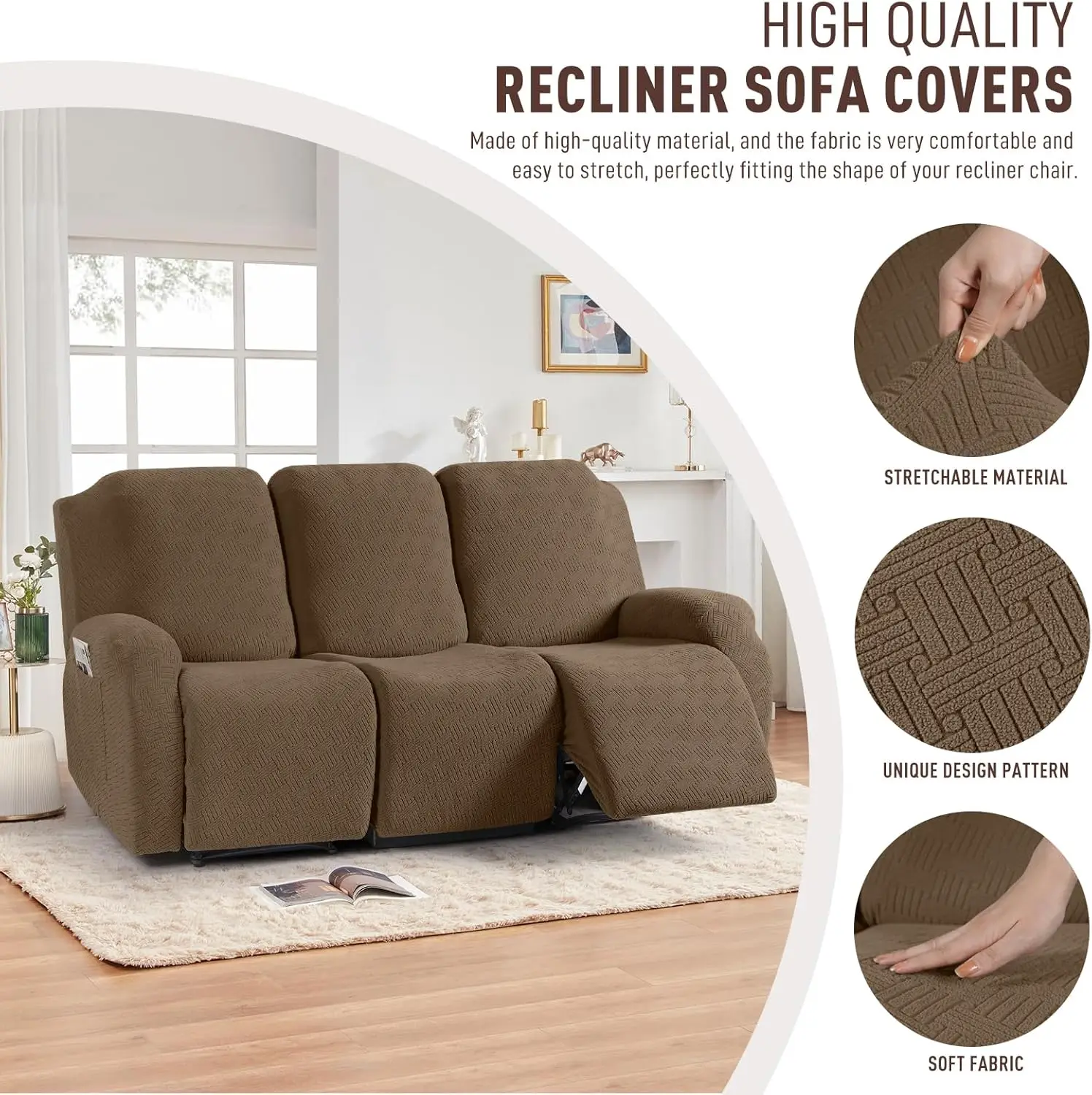 Stretch Recliner Covers, Jacquard Sofa Slipcovers for Pet and Kid Protection, 3-Seater Brown