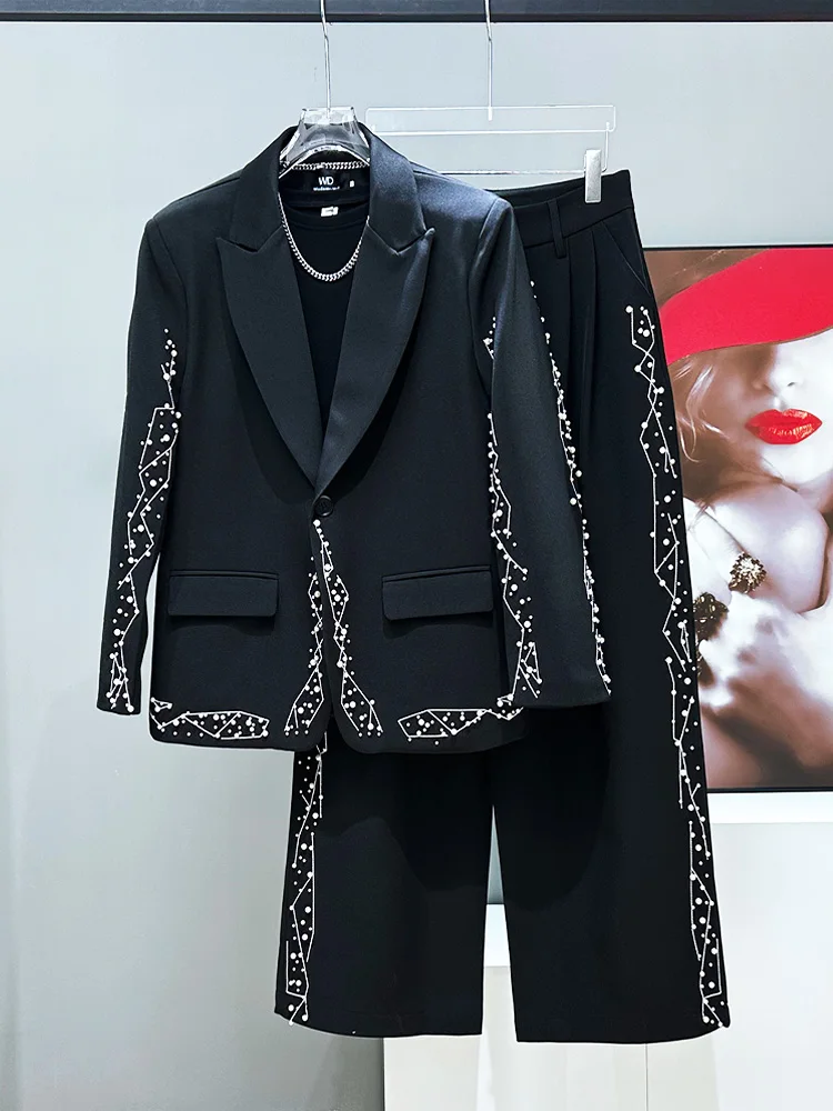 

Мужской повседневный костюм с жемчужной вышивкой, свободный крой, брюки прямого кроя, премиум-класс, с эффектом легкости