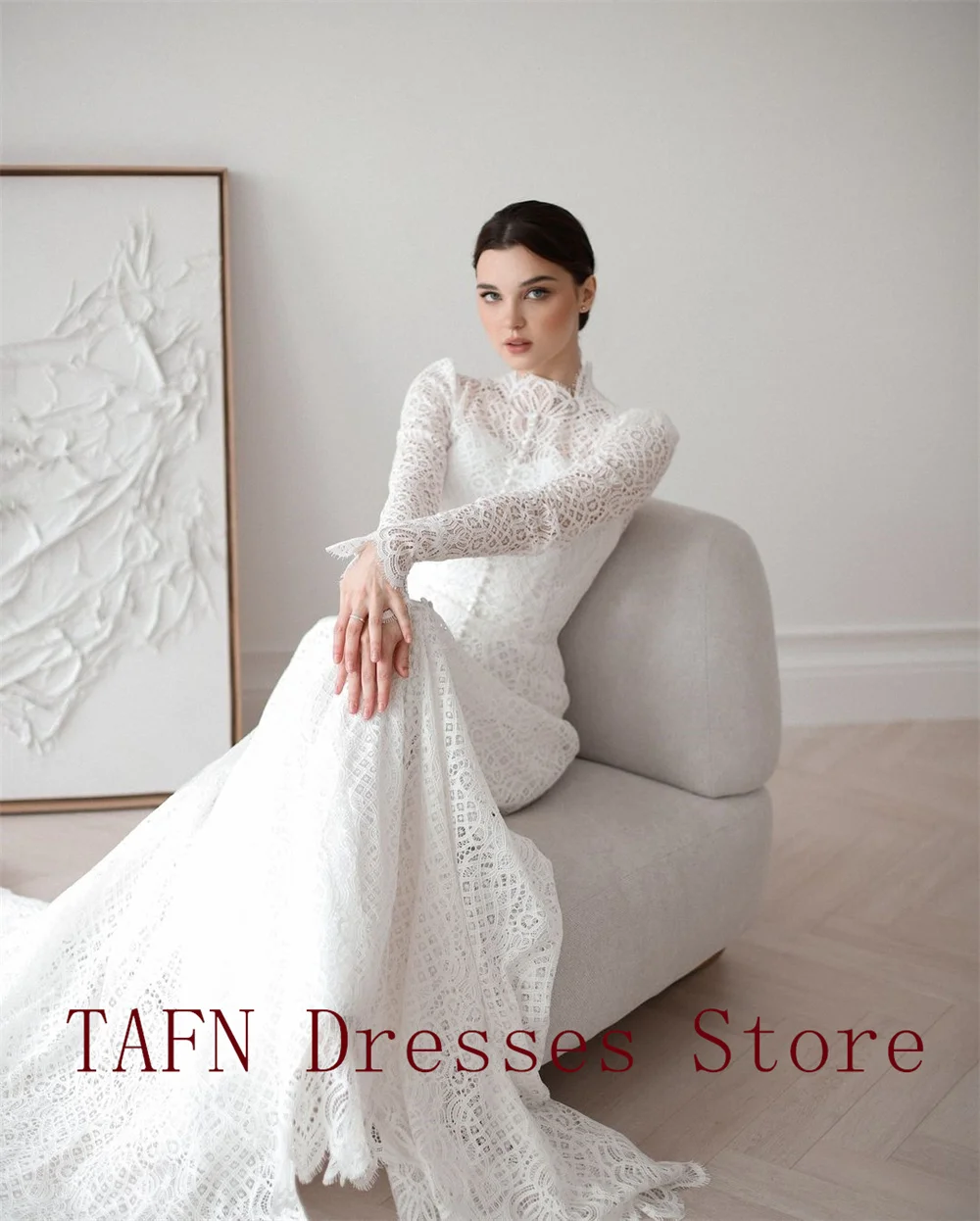 TAFN Modest Wedding Dresses Lace High Collar Full Sleeves Bridal Gown Button A-line Sweep Train Bride Weding Party Gowns