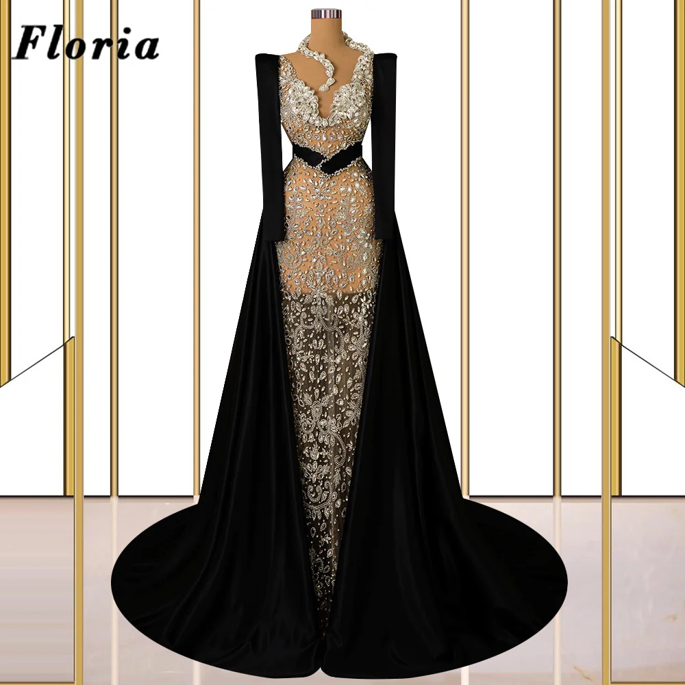 3 Designs Black Cape Sleeves Evening Dresses Middle East Dubai Beaded Crystals Party Dress Prom Engagement Dress Vestido De Gala