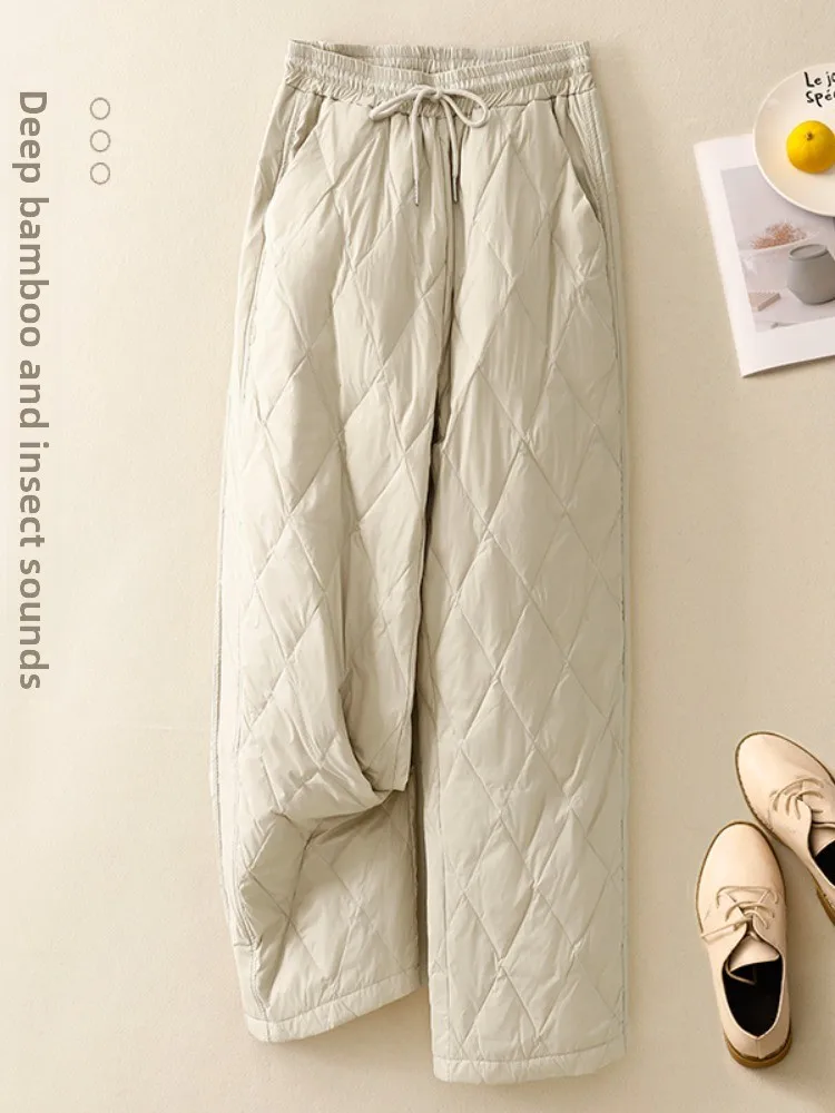 

Women's High Waist Straight Leg Cotton Pants Winter Home Wear Thickened Windproof Warm Trousers with Diamond Stitching