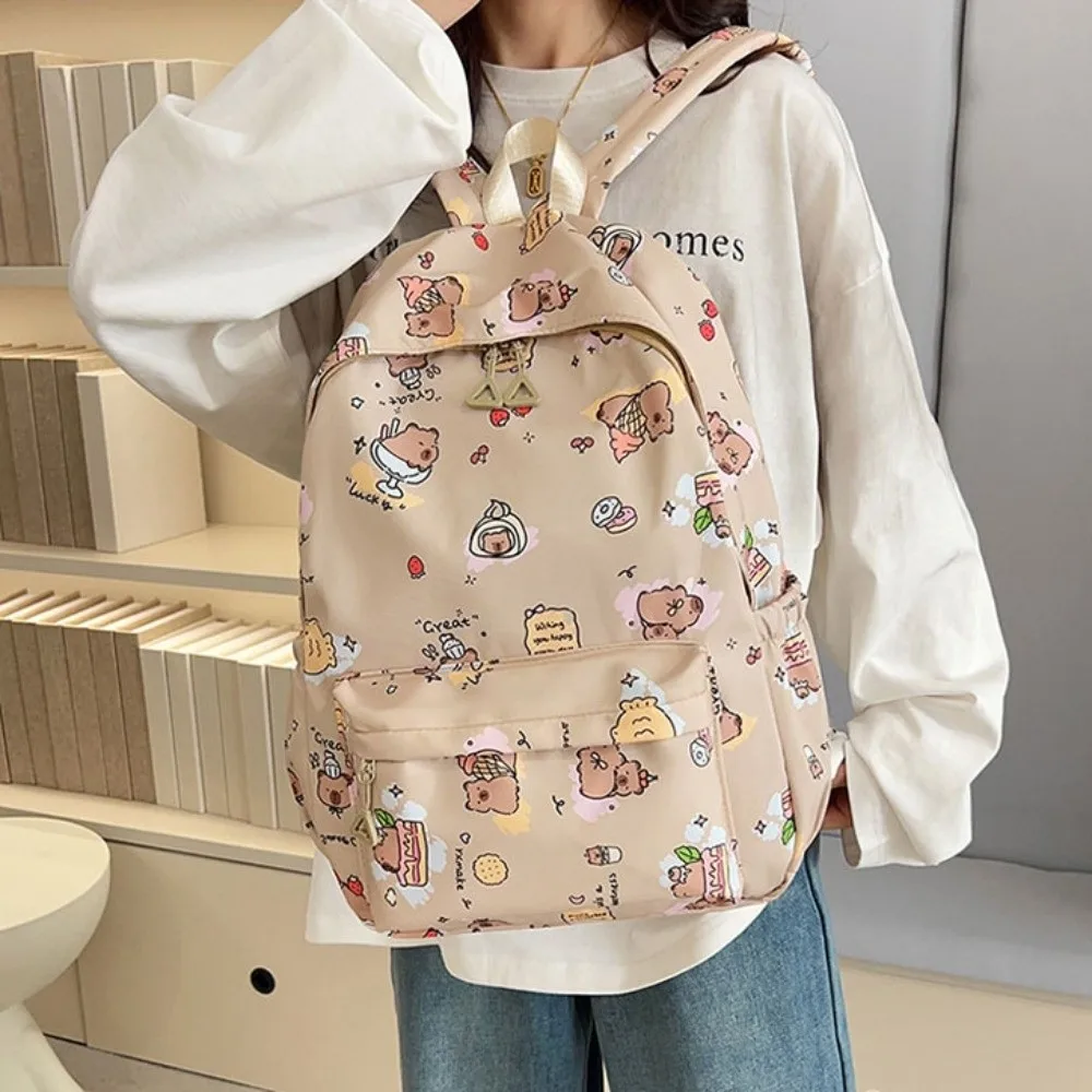 Nylon Capybara Backpack Wide Straps Lightweight Cartoon Animal Daypack Korean Style Multi Functional Large Capacity School Bag