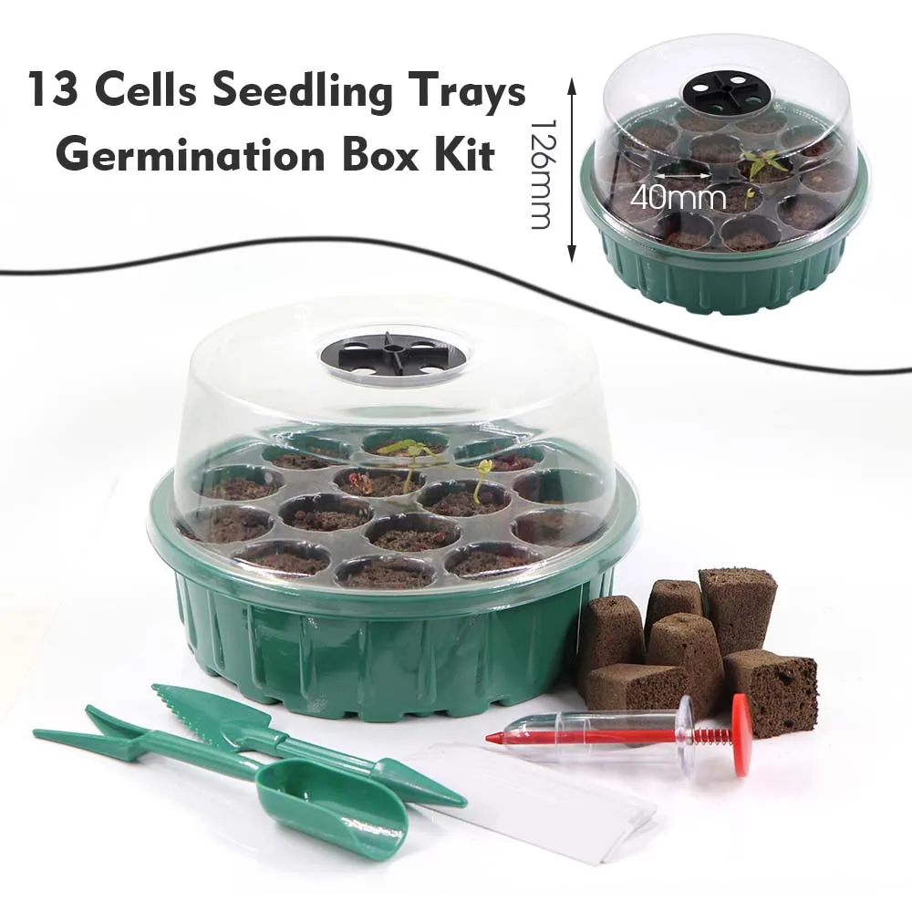 13 Cells Round Germination Box Nursery Seedling Trays Kit w/ Grow Sponge Indoor Garden Greenhouse Growth Pot Adjustable Humidity