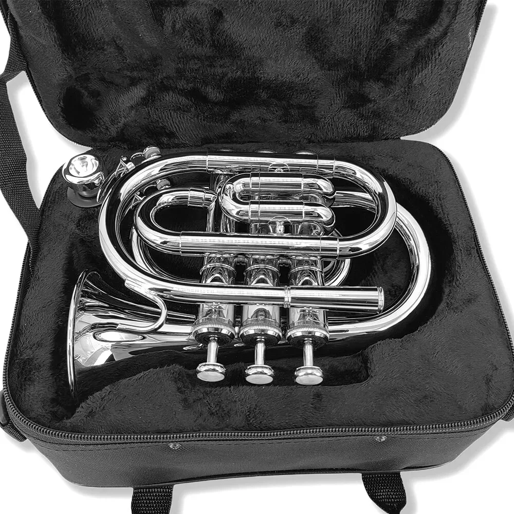 Bb Brass Pocket Trumpet with Case Mouthpiece Cleaning Cloth Gift Kit Nice Golden black blue