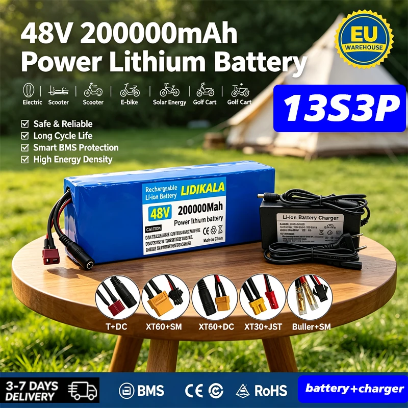 48V 200Ah wiederaufladbarer Lithium-Ionen-Akku 13S3P 2000W, ausgestattet mit intelligentem BMS 54,6V-Ladegerät, geeignet für die schnelle Lieferung von Elektrofahrrädern und -scootern in die
