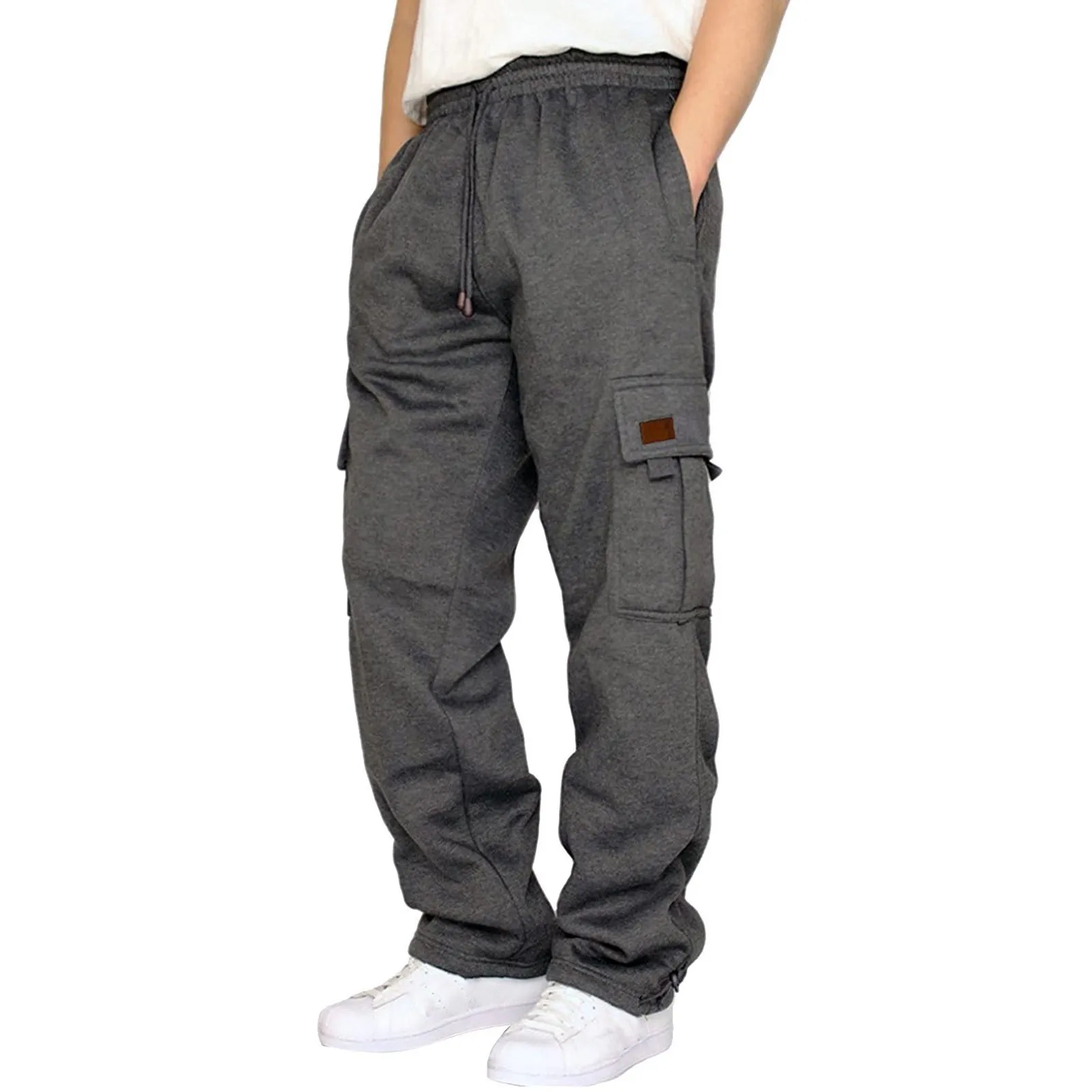 Cross-border autumn and winter hot new men's sports casual pants plus fleece foot multi-pocket rope loose cargo pants 