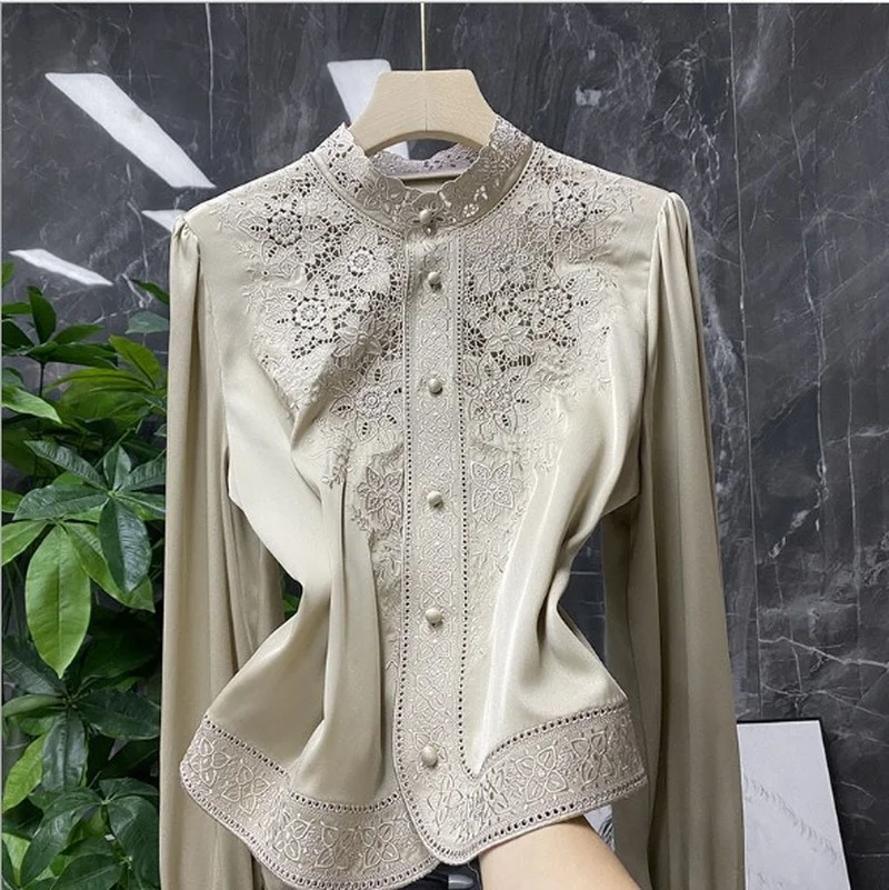 Women\'s Embroidered Silk Shirt Long Sleeve Blouse Camisas Mujer