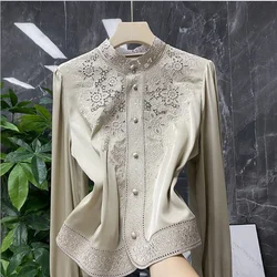 Women's Embroidered Silk Shirt Long Sleeve Blouse Camisas Mujer