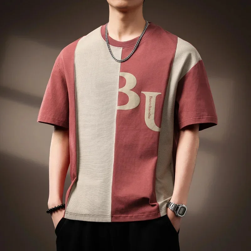 

Color blocking design, loose plus size short sleeved T-shirt for men in summer 2026, new Japanese style casual men's clothing