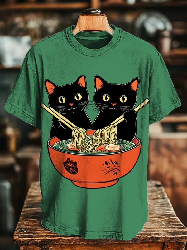 

Men's Funny Black Cat Eating Ramen Print T-shirts 2025 New 3D Personality Kids Anime Tees Summer Men Women Short Sleeve Y2k Tops