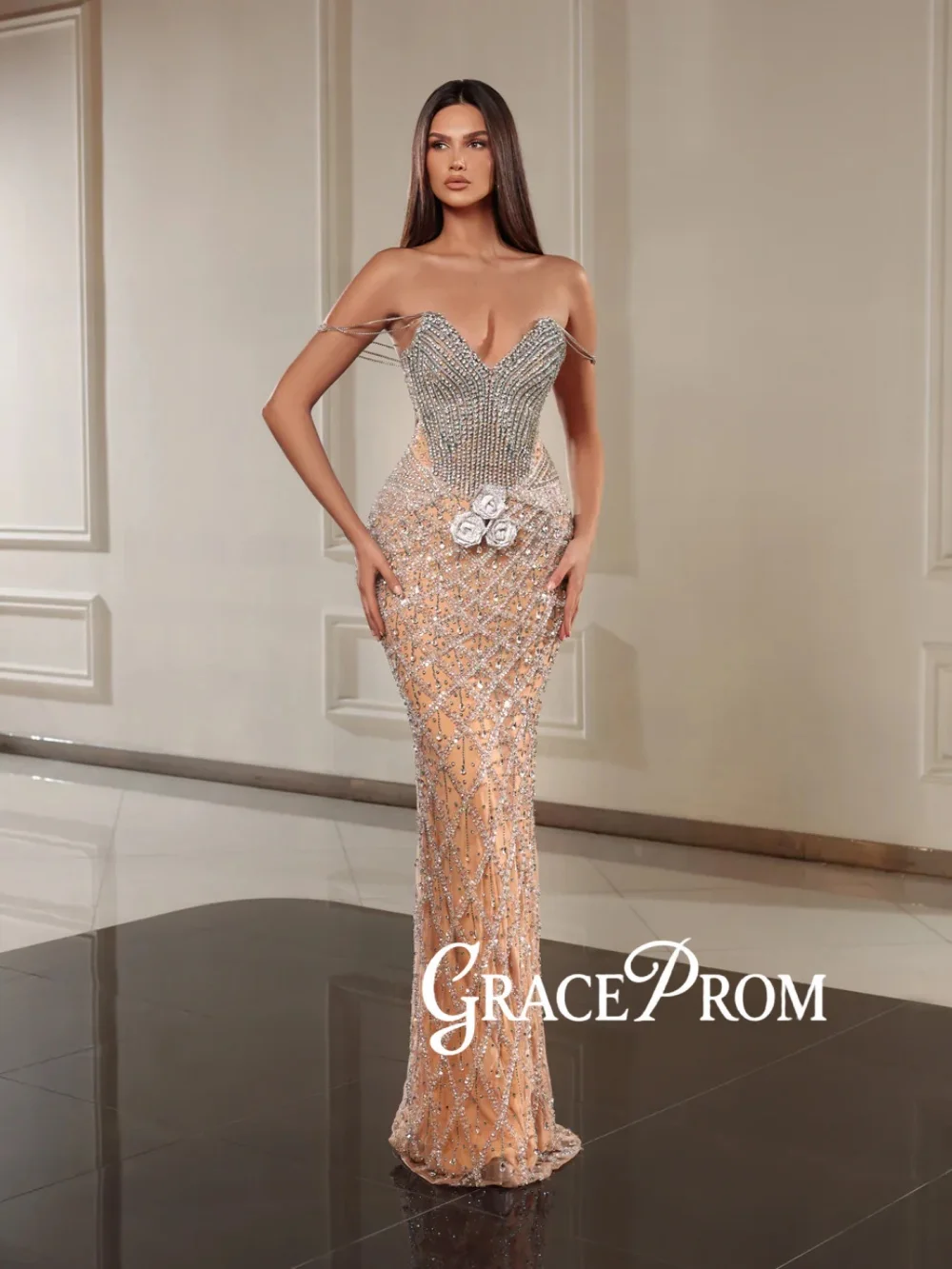 

2026 New Silver Crystal Evening Dress Off Shoulder Elegant Straight Wedding Party Gown Customized Stunning Long Red Carpet Gowns