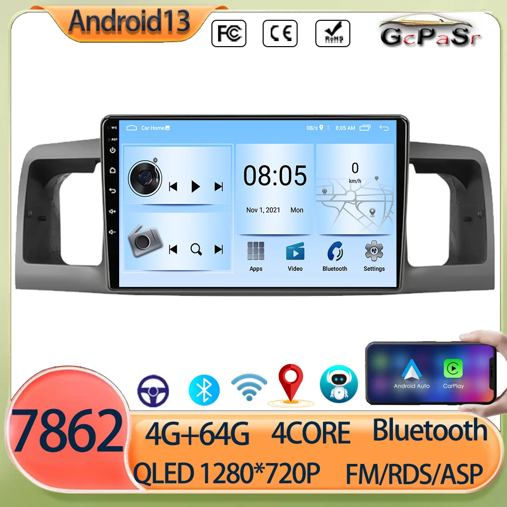 

Car Radio Multimedia Player For Toyota Corolla E120 E130 2000-2004 Android 13 GPS Navigation Stereo Head Unit Carplay no 2Din