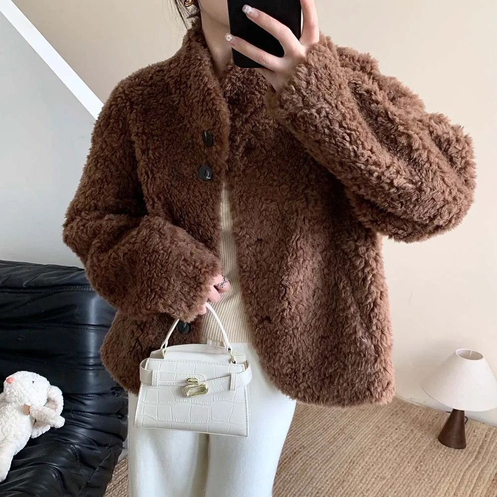 معاطف فرو صوف الضأن الكورية للنساء بأكمام طويلة سترة عتيقة لخريف وشتاء كل مباراة سميكة ودافئة ملابس خارجية Preppy