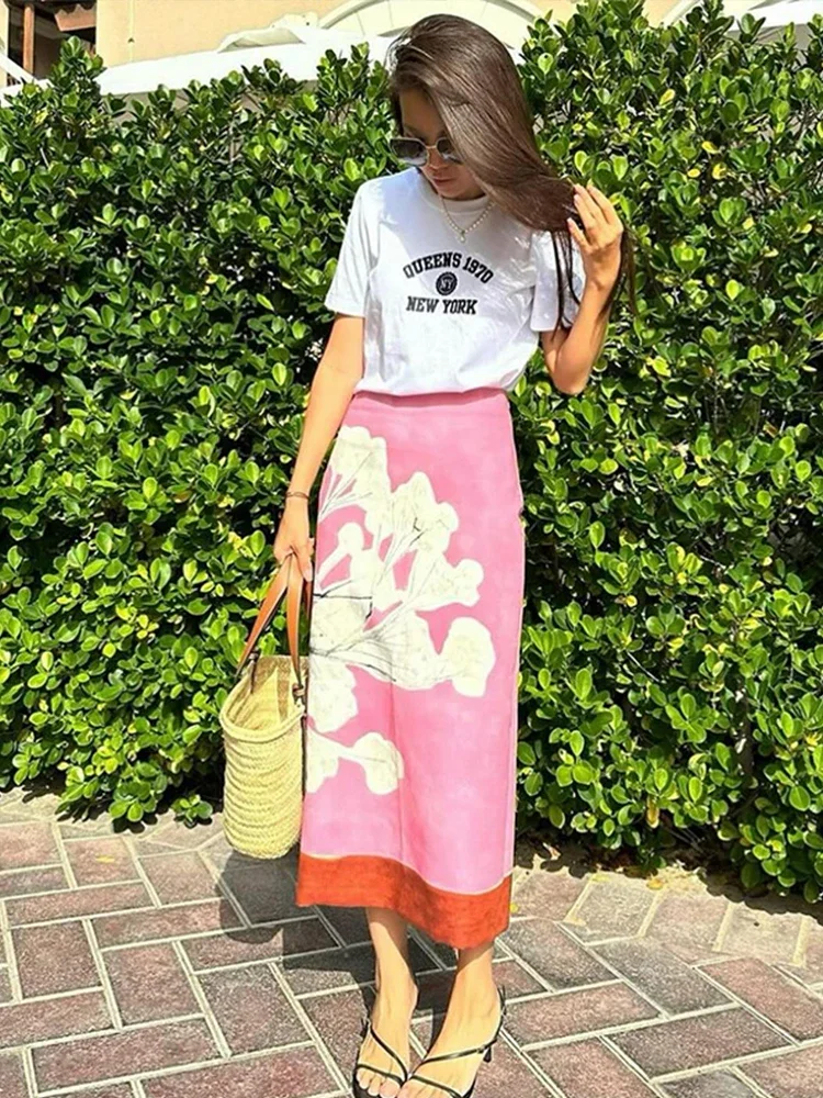 

Elegant Printed Pink Women Straight Skirt Fashion High Waist Zipper Split Skirts 2024 Spring Summer Lady Contrast Streetwear New