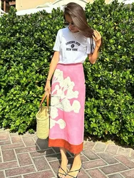 Elegant Printed Pink Women Straight Skirt Fashion High Waist Zipper Split Skirts 2024 Spring Summer Lady Contrast Streetwear New