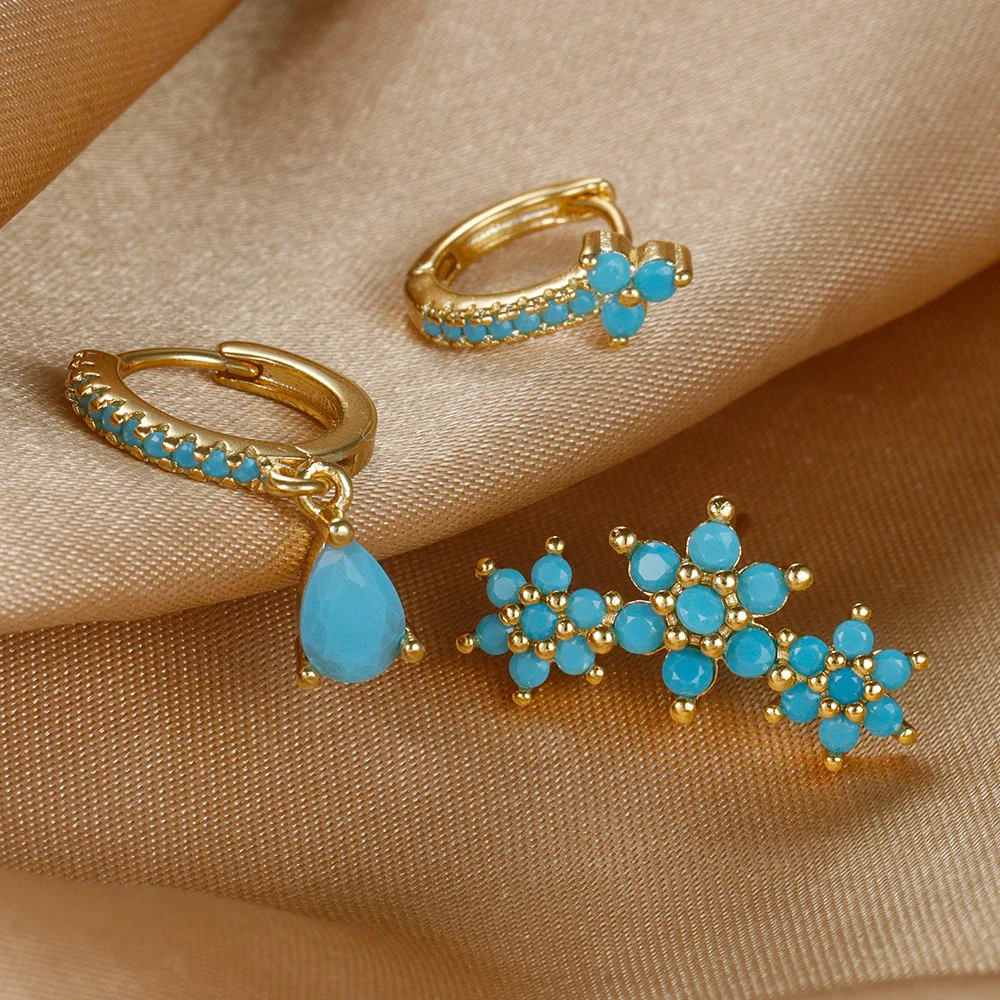 ชุดต่างหูห่วงสแตนเลส3ชิ้นสำหรับผู้หญิงต่างหูแบบเจาะสีฟ้าเพชรสังเคราะห์สีทองเครื่องประดับแบบเจาะกระดูกอ่อน