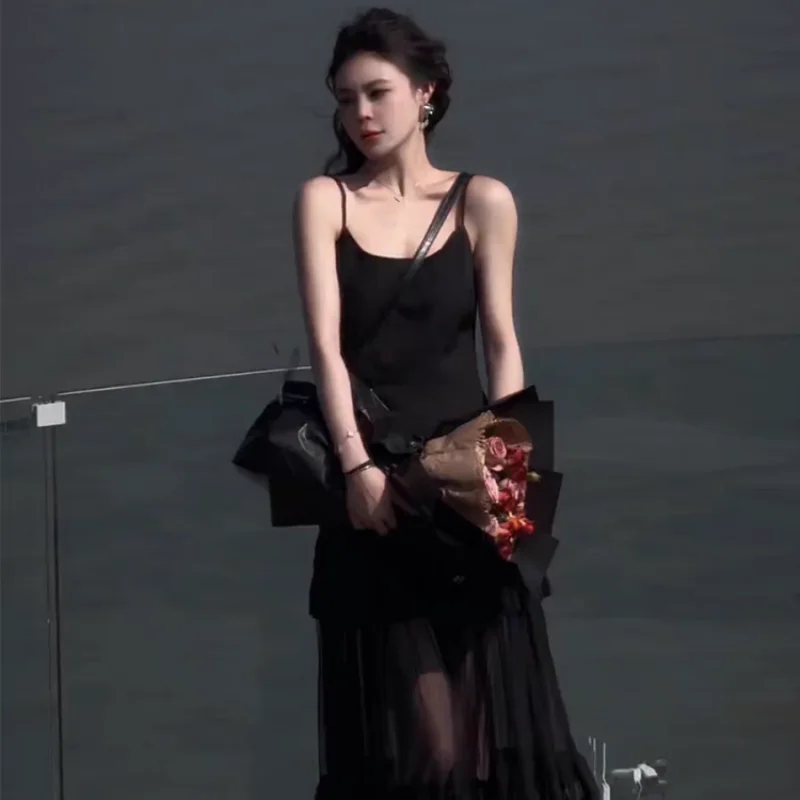 Black Mesh Patchwork Camis Dress Women Korean Fashion Sexy Party Dress Summer Harajuku Slim All Match Spaghetti Strap Vestidos