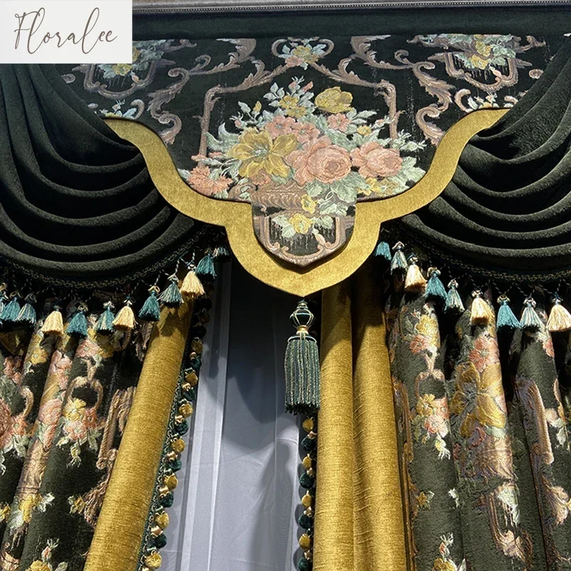

American High-end Dark Green Chenille Jacquard Curtains for Living Room Bedroom Villa Stitching with Thickened Customization