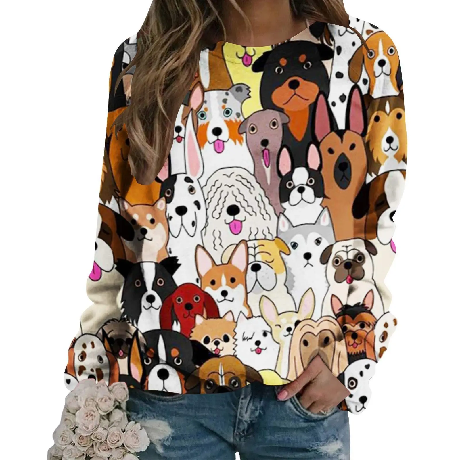 

Vintage Women Autumn Winter Round Neck Sweatshirts Casual Loose Cute Dogs Print Pullover Sweatshirt Long Sleeve Tops