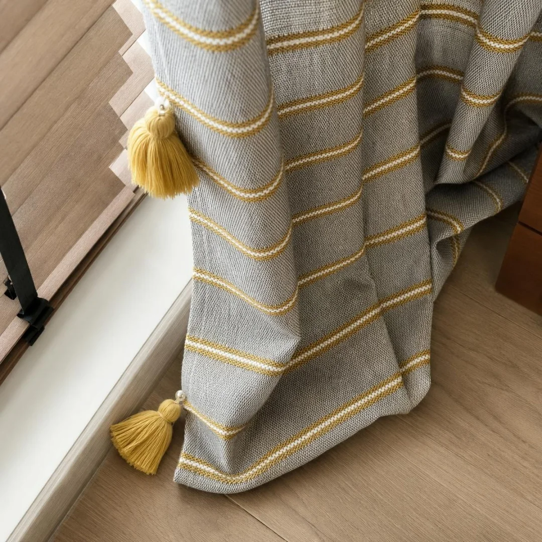 Golden Stripe Wave Curtain With Tassel Fringe Grey Linen Texture Boho Farmhouse Window Curtain Custom Made