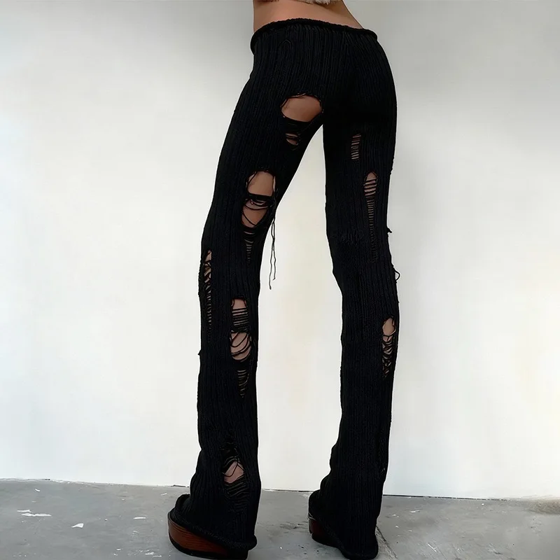 

Брюки-клеш в стиле панк из вязаной шерсти с прорезями, облегающие, сексуальные, уличный стиль, длинные, с низкой талией, для женщин и девушек