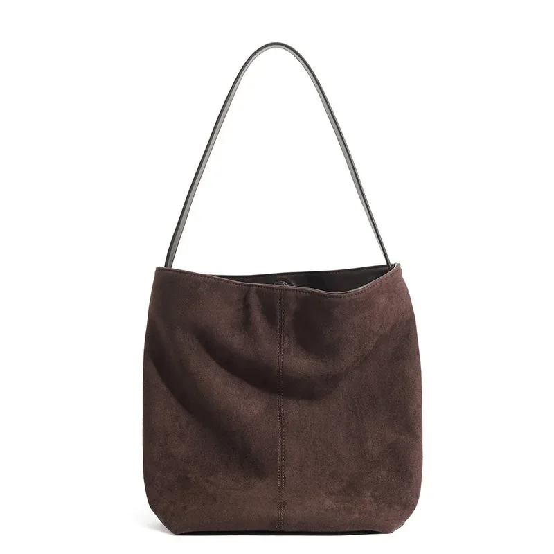 Vintage Women\'s Bag Large Capacity Suede Bucket Shoulder Bag Solid Color Simple Casual Commuter Bag Luxury Designer Purses