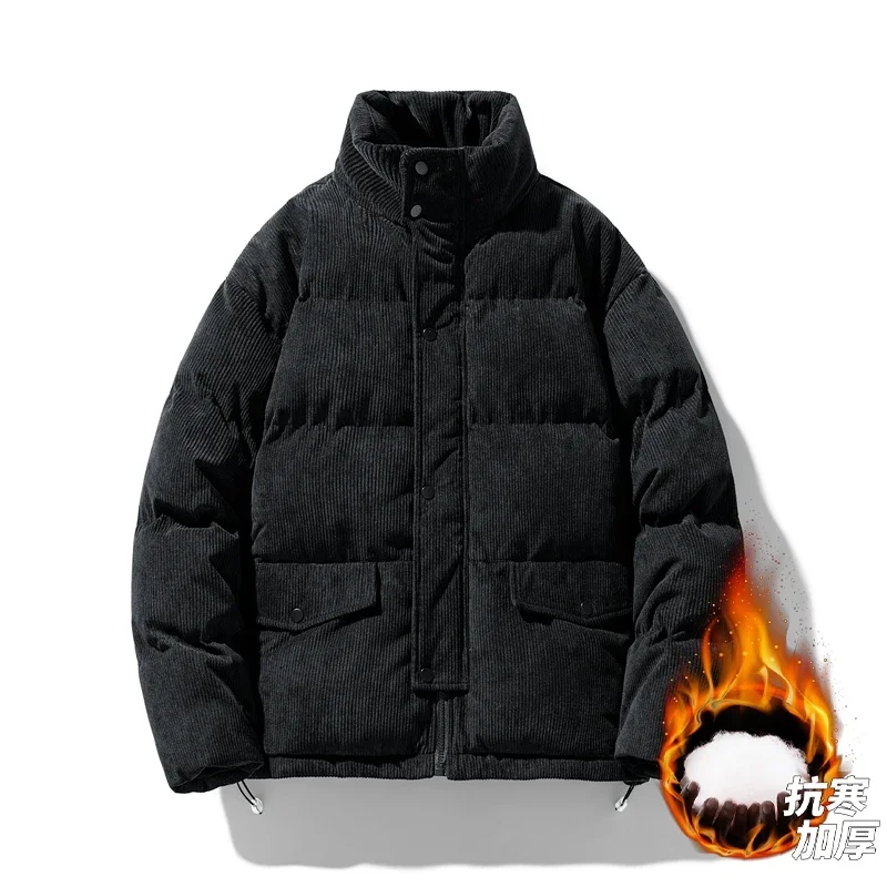 남성용 따뜻한 파카 겨울 코트 코듀로이 코튼 오버사이즈 재킷 캐주얼 스탠드 칼라 솔리드 지퍼 코트 남성 겨울 따뜻한 아우터웨어