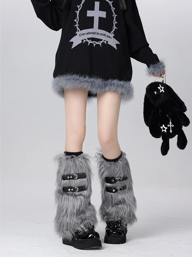 Women Long Socks Faux Fur Boots Solid Wool high Stocking Y2K Over Knee-High Sock Girls bucket leg warmers Female Long Knee Sock